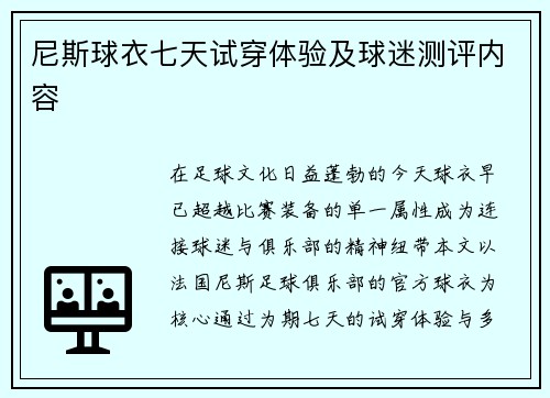 尼斯球衣七天试穿体验及球迷测评内容