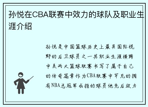 孙悦在CBA联赛中效力的球队及职业生涯介绍