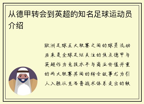 从德甲转会到英超的知名足球运动员介绍